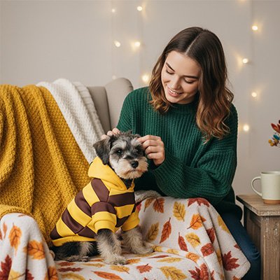 bichon portant Déguisement pour chien est assis sur canapé avec dame