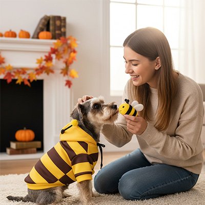 schnauser portant Déguisement pour chien est assis sur moquette avec jeune femme