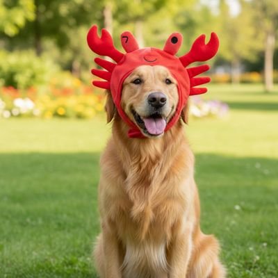 golden retriever portant Déguisement pour Chien est assis sur pelouse dans parc