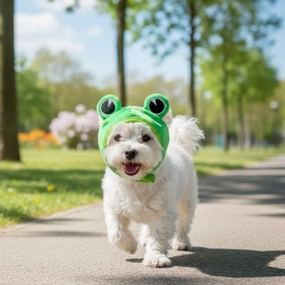 bichon blanc portant Déguisement pour Chien marche sur sentier dans parc