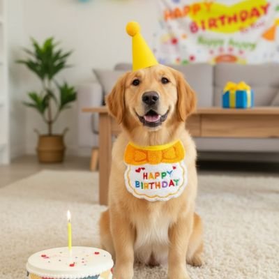 labrador portant Déguisement pour Chien jaune est assis sur moquette près de gateau de fête