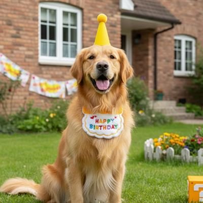 golden retriever portant Déguisement pour Chien jaune est assis sur pelouse devant maison