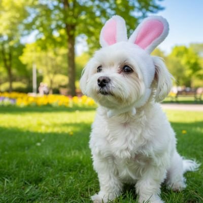 bichon blanc portant déguisement pour chien de lapin est assis sur pelouse de parc