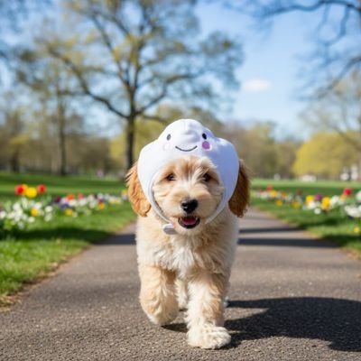 chiot portant Déguisement pour Chien marche sur sentier dans parc