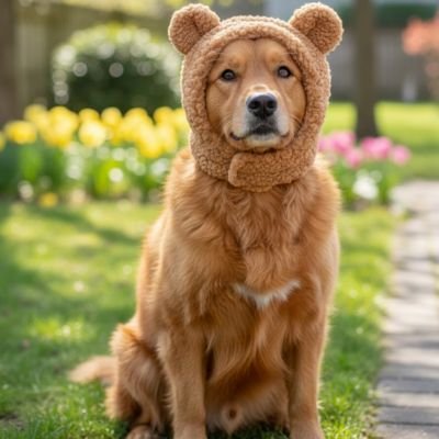 golden retriever portant déguisement pour chien ours est assis sur pelouse dans parc