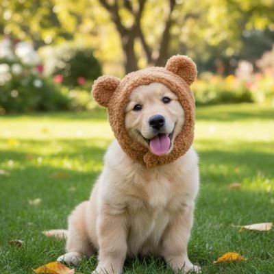 chiot golden retriver portant déguisement pour chien est assis sur pelouse dans parc