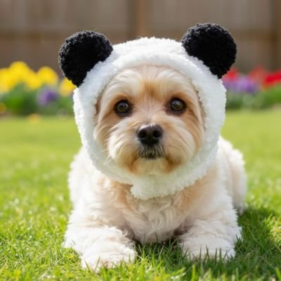 bichon blanc portant déguisement pour chien panda est couché sur pelouse de cour arrière