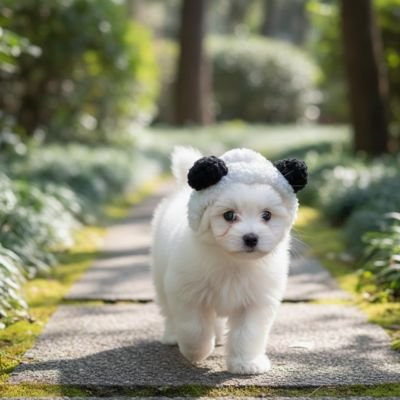 bichon blanc portant déguisement pour chien marche sur sentier en forêt