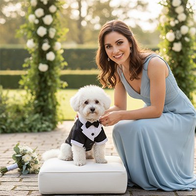caniche blanc portant déguisement pour chien puptux est assis sur coussin et dame pose avec lui