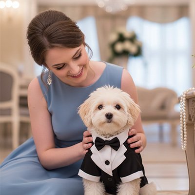 bichon portant déguisement pour chien puptux est assis savec dame en bleu