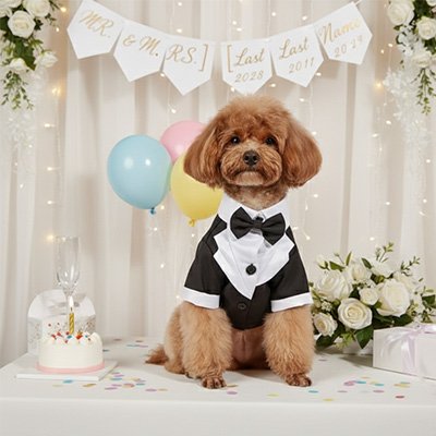 caniche brun portant déguisement pour chien puptux est assis sous bannière