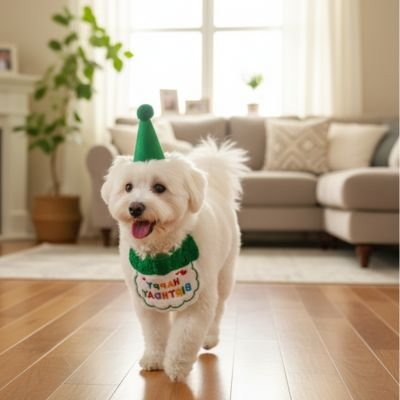bichonvportant Déguisement pour Chien vertest marche sur plancher de bois dans maison