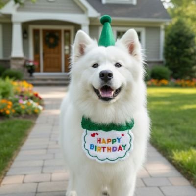 samoyède portant Déguisement pour Chien vert est sur trottoir devant maison
