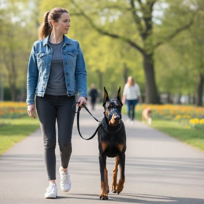 doberman portant Muselière pour chien​ bleue marche en laisse avec jeune dame