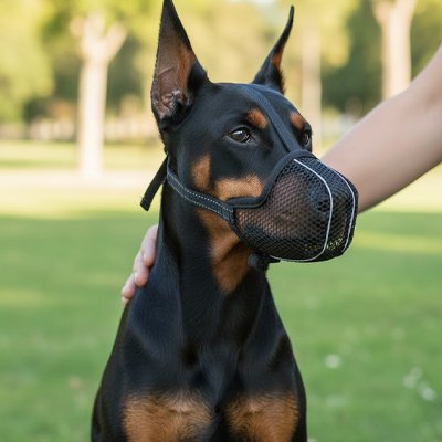 doberman portant Muselière pour chien​ dans un parc