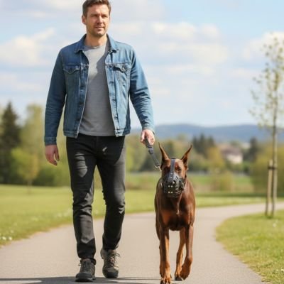 doberman portant Muselière pour chien​ marche en laisse dans parc avec homme