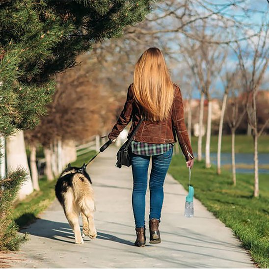 femme marche son chien sur trottoir et tient Gourde pour chien​ dans sa main avec sangle