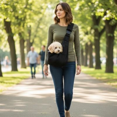 femme porte caniche blanc dans Sac Chien dans parc
