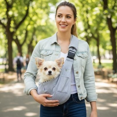 femme porte chihuahua dans Sac Chien dans parc