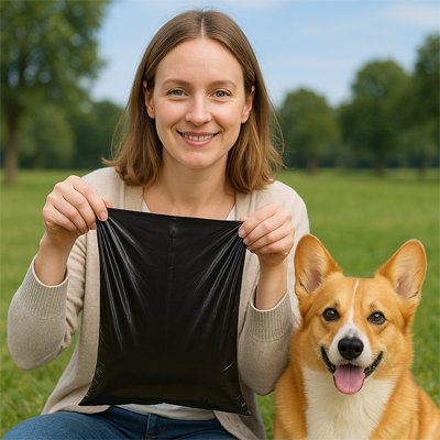femme tient Sac à crotte​ chien avec corgi
