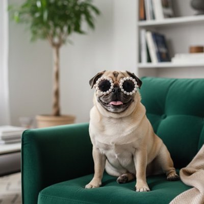 fenchie porte Lunette chien assis sur canapé vert
