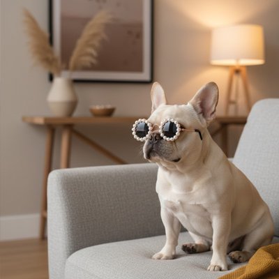 fernchie porte Lunette chien assis sur canapé