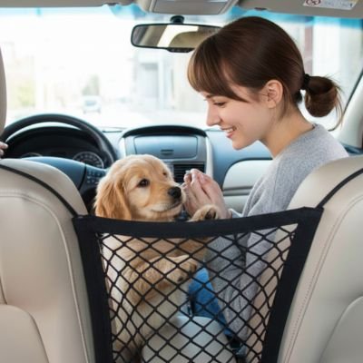 Filet chien voiture installé entre siège et chien en avant avec conducteur