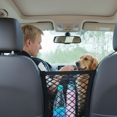 Filet chien voiture installé entre siège et chien en avant avec conducteur