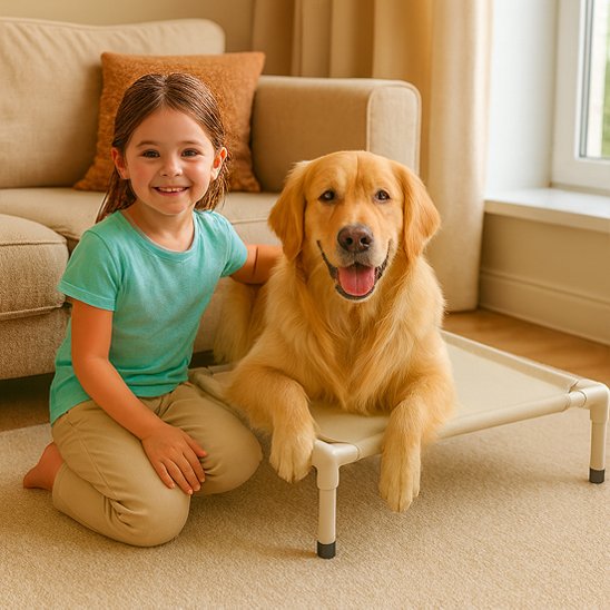 fillette a cote de golden retriever couche sur Lit de camp Chien