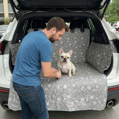 frenchie est assis sur Protection chien voiture à arrière de suv avec son maitre