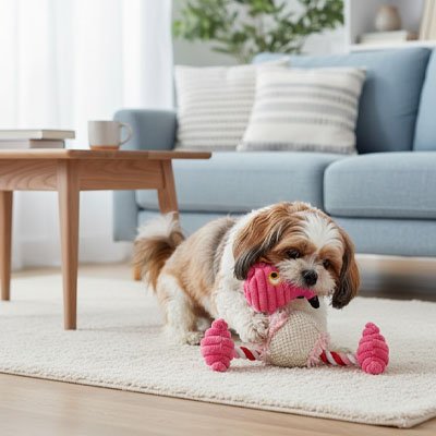 frenchie joue avec Peluche Chien en forme de flamant rose sur moquette de salon