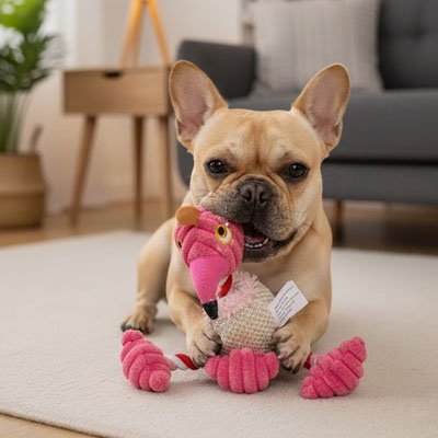frenchie joue avec Peluche Chien en forme de flamant sur moquette de salon
