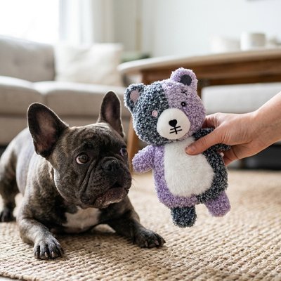 frenchie joue avec Peluche pour chien sur sol