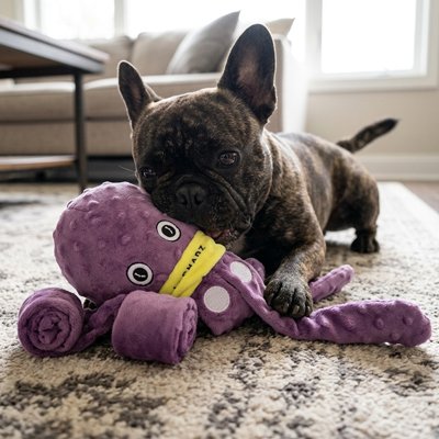 frenchie mordille Peluche chien sur moquette