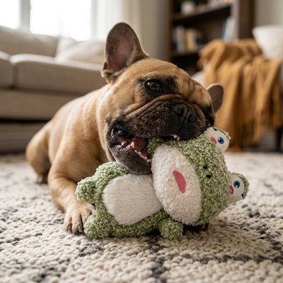 frenchie mordille Peluche pour chien sur moquette