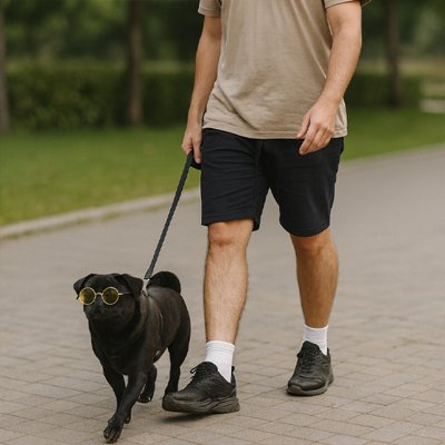 frenchie noir portant Lunettes pour chien marche sur trottoir avec homme