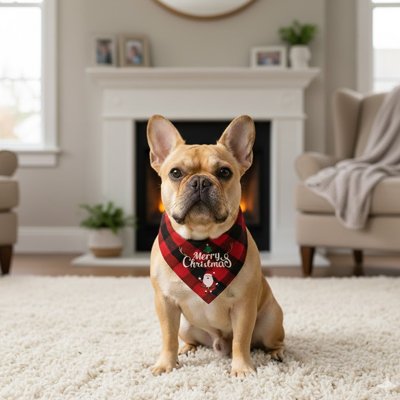 frenchie portant Bandana Chien est assis près cheminée