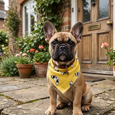 frenchie portant Bandana pour Chien est assis sur pavé extérieur