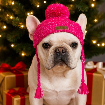 Frenchie portant Bonnet chien​ assis sur sol