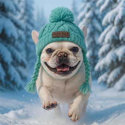 Frenchie portant Bonnet chien​ cours dans neige