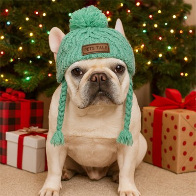 Frenchie portant Bonnet chien​ est assis parmi cadeaux