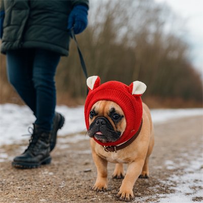 frenchie portant Bonnet chien​ marche sur sentier enneigé