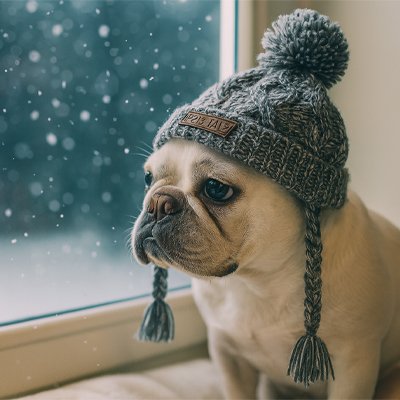 Frenchie portant Bonnet chien​ regarde par fenêtre