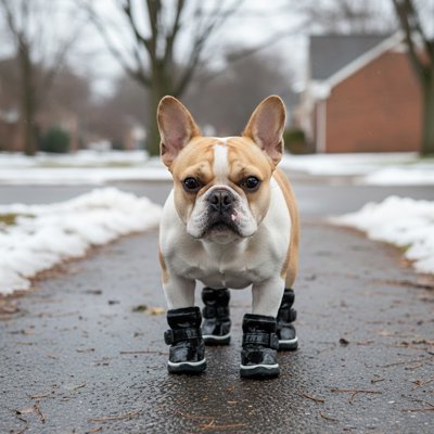 frenchie portant Botte pour Chiens marche sur sentier mouillé