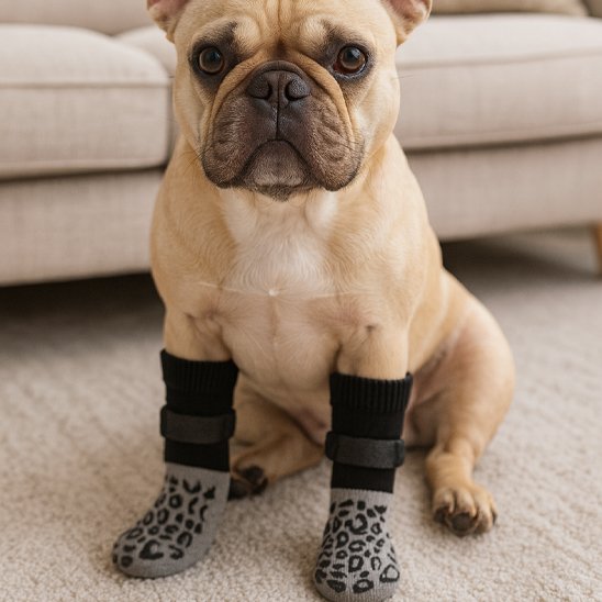 frenchie portant Chaussette pour chien sur pattes avant est assis sur moquette grise