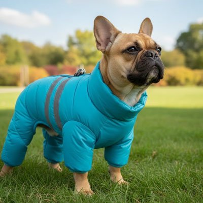 frenchie portant Manteau pour Chien est sur 4 pattes sur pelouse