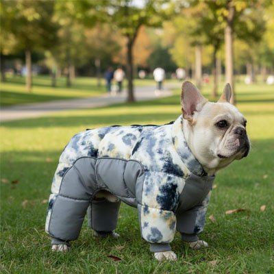frenchie portant Manteau pour Chien gris est dans un parc