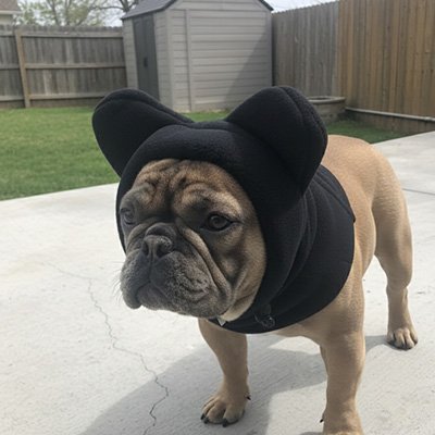 frenchie porte Bonnet pour chien sur ciment