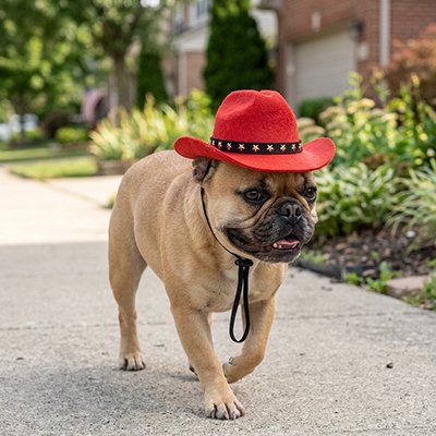 frenchie porte Chapeau pour Chien en marchant sur trottoir