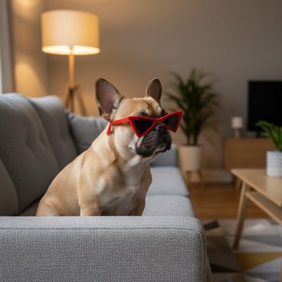 frenchie porte Lunette de soleil chien assis sur canapé gris